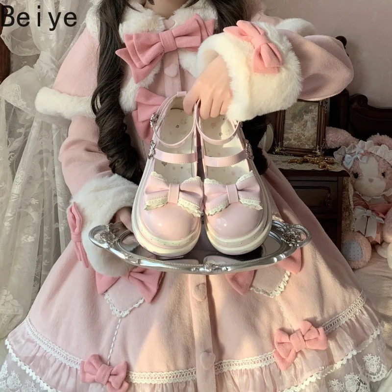 Strap Kawaii Jirai Kei Shoes for Women Sweet Lolita Mary Jane Shoes Female Wavy Platform Sole Lace Bow Star Buckle Ankle Pumps