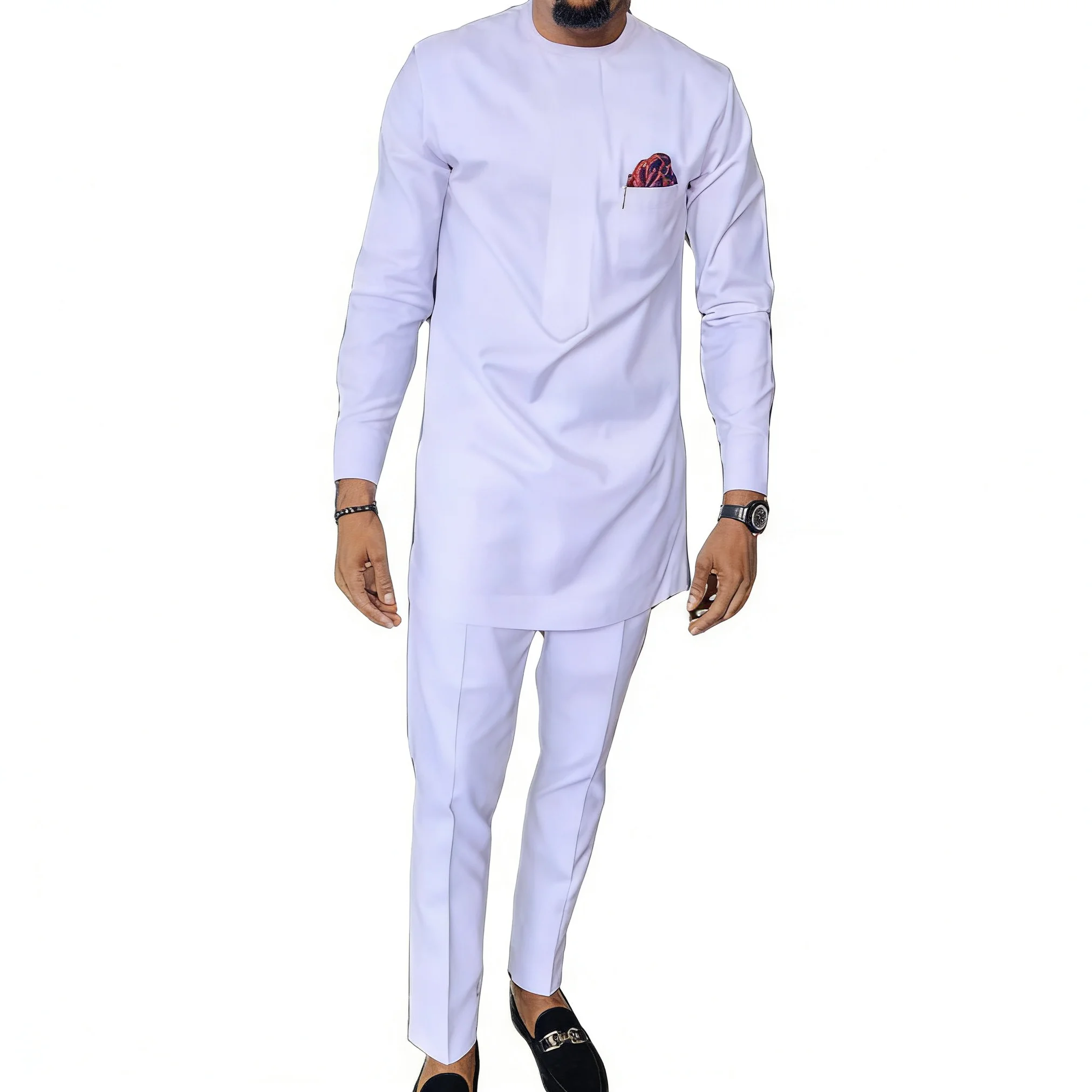 African fashion shirts patch trousers solid white pant sets senator style male groom suits plus size party wear African clothes