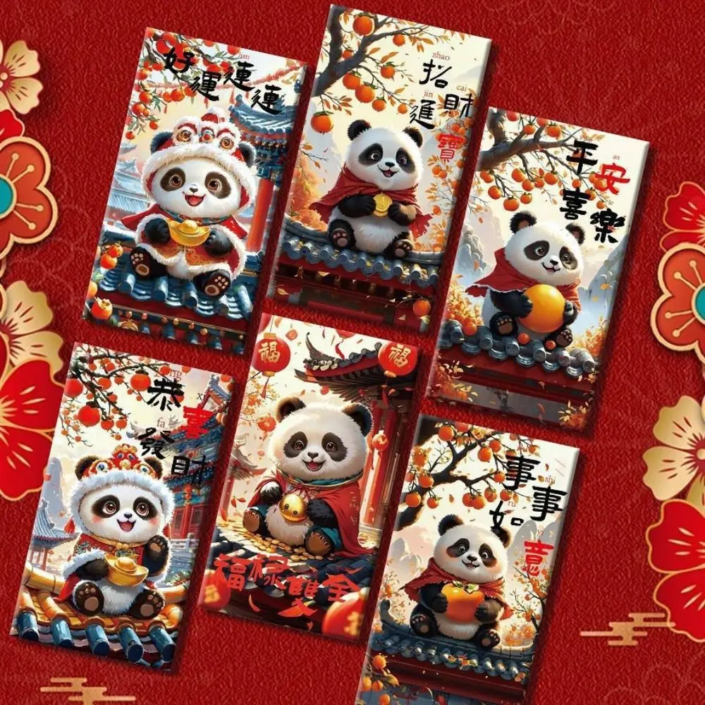 6pcs Cute Cartoon New Year Red Envelopes Chinese Style Traditional Panda Red Packet Hongbao Blessing Gifts Packing Bags Bonus