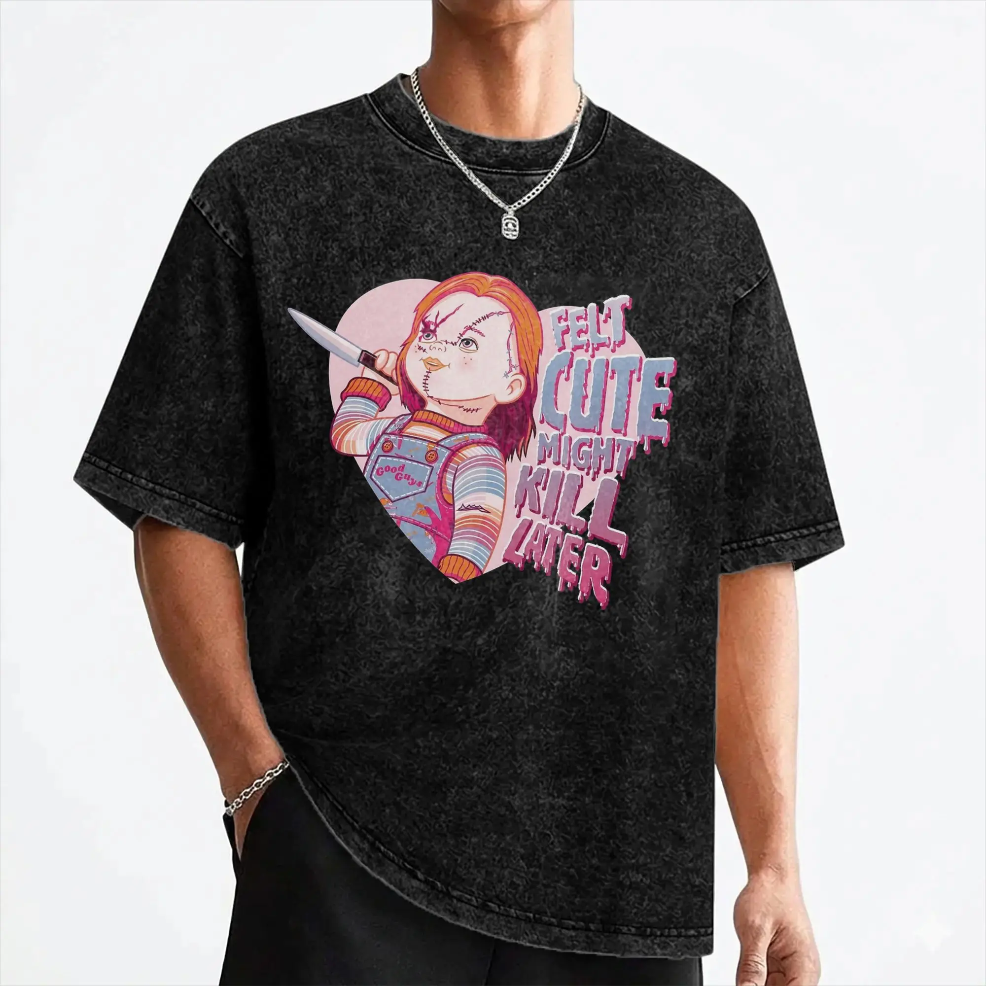 Chuckys Eat Felt Cute Might Kill Later T Shirt Washed 100% Cotton Oversize T-Shirt Halloween for Men Women Streetwear Tee Shirt
