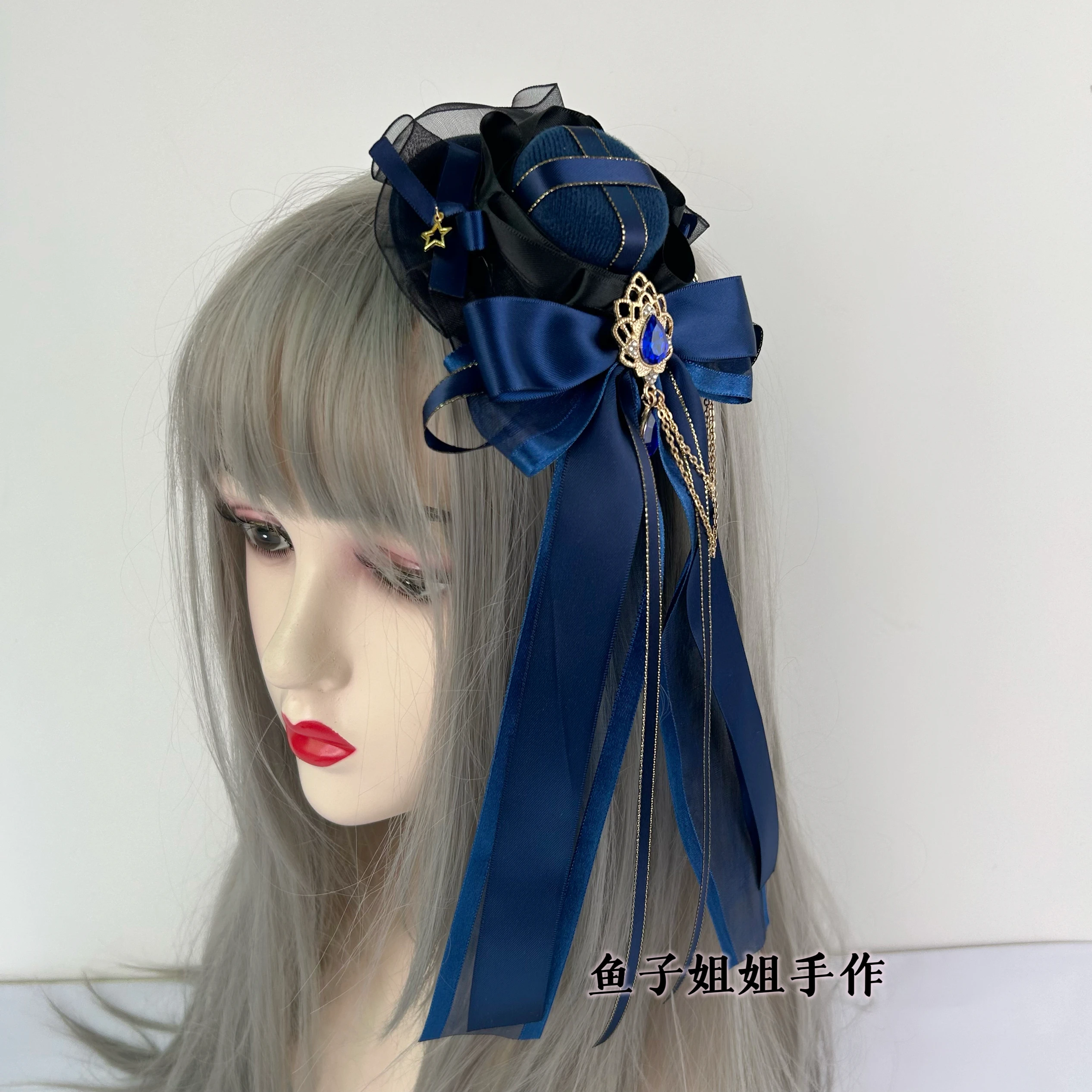 Original God Funina Cosplay Headdress Private Cos Accessories Lolita Navy Blue Lolita Top Hat Fascinator Hats