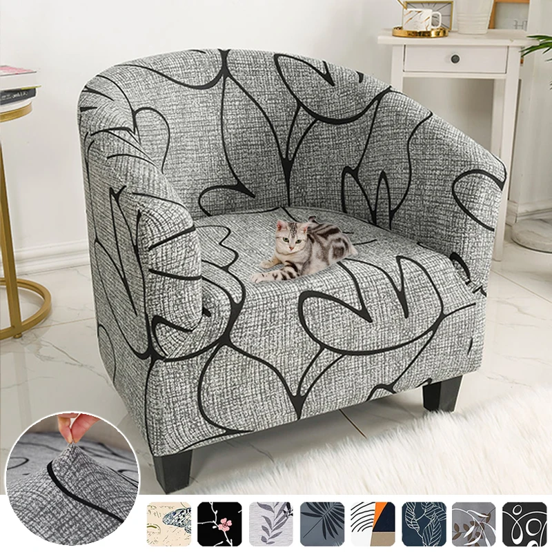 Arc-shaped Stretch Sofa Cover Printed Round Single-seater Seat Cover Non-slip Tub Chair Covers for Home Office Cafe Club Bar 1PC