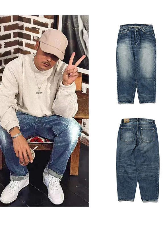 

Waed Denim Jeans Men's Trendy Brand Spring Autumn Straight Loose Casual Wide Leg Long Pants Low Waist Button Fastening