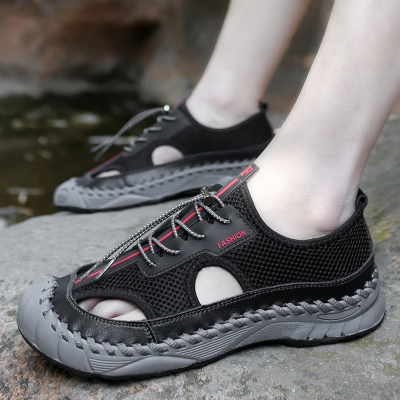 Summer New Men's Mesh Shoes Hollow Breathable Sandals Beach Shoes Men's Outdoor Camping Shoes Trend Casual Shoes Thick Sole