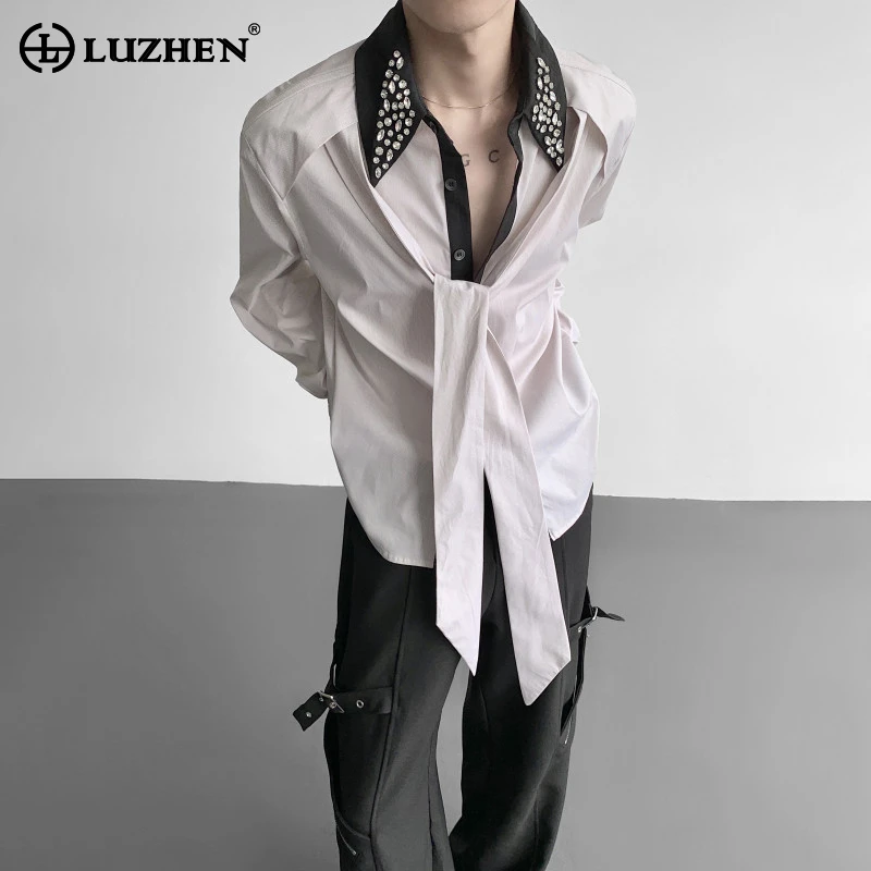 

LUZHEN Original Color Contrast Design Diamond Patchwork Neck Ribbon Decorate Long Sleeve Shirts Men's Autumn Elegant Tops JY4471