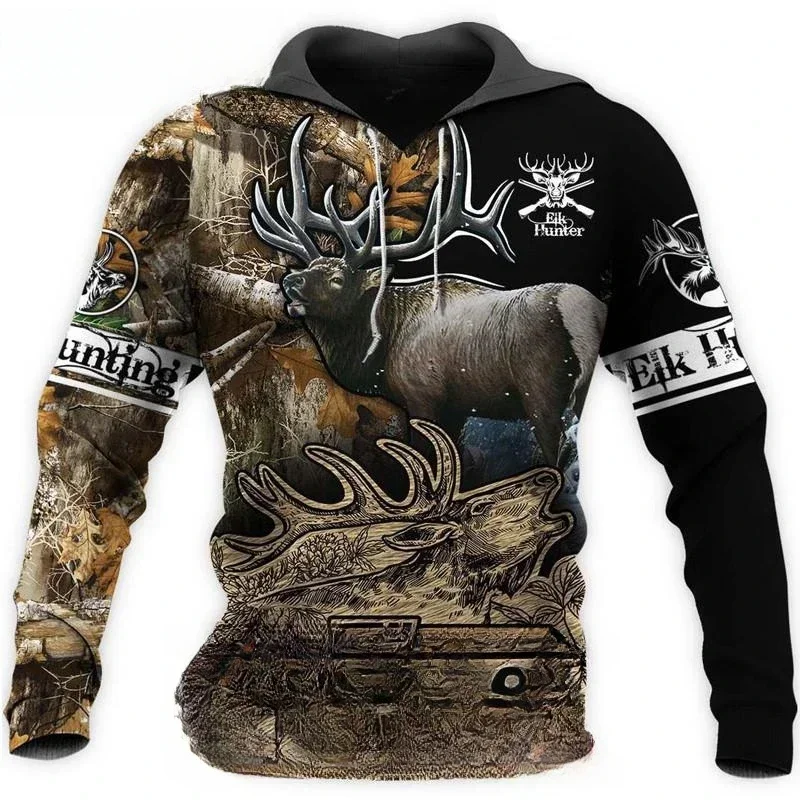 Fashion Deer Hunting Animal Men\'s Hoodie 3D Print Autumn Sweatshirt Orange Camouflage Street Casual Long Coat Hooded Mantle