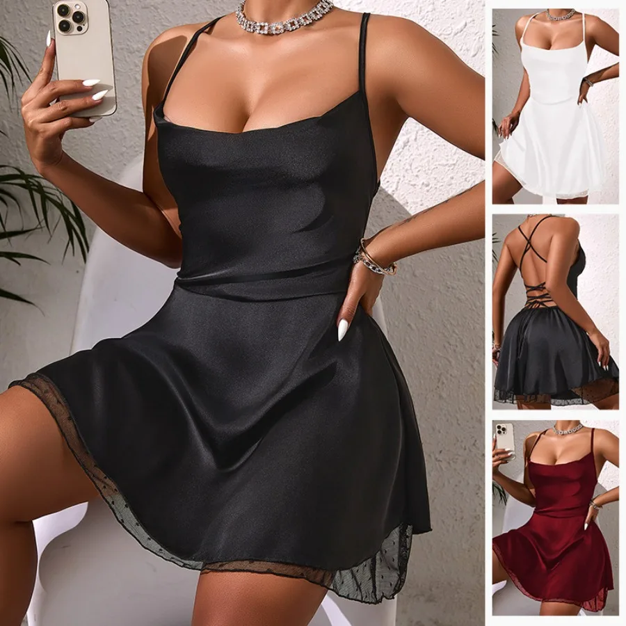 

【New style】Explosives satin suspender nightdress backless strap lace skirt direct sale 840