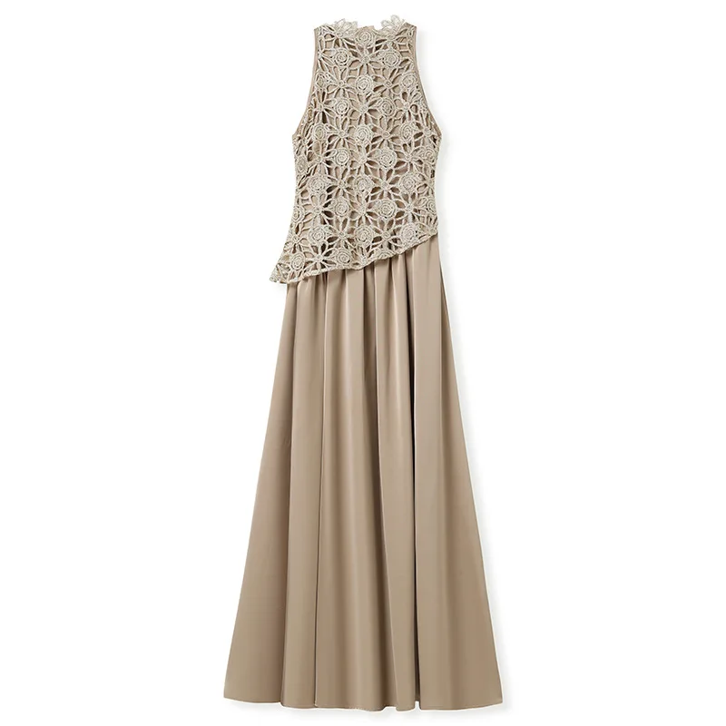 Spring Fashion Gold-Woven Fabric Spliced Satin Sleeveless Evening Dress Suitable for Parties and Events