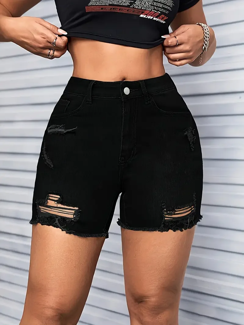 Women High-waisted Denim Shorts, Raw Hem Ripped Denim Shorts, Casual Summer Chic Black