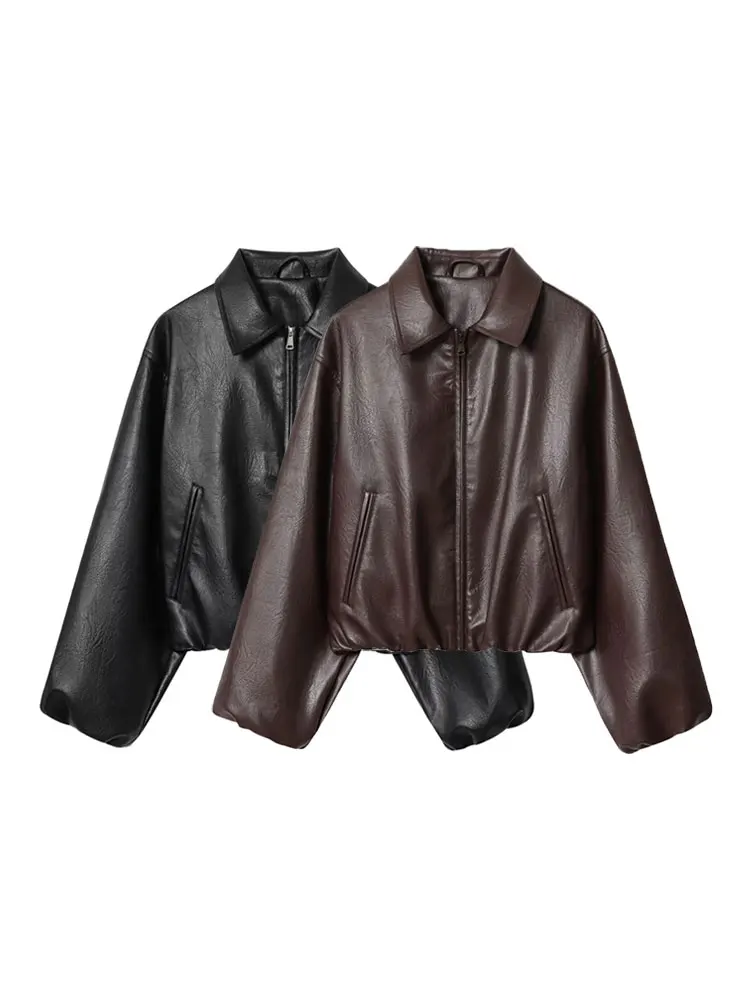 

Smvp Women's Faux Leather Bomber Jacket Long Sleeve Chic Outerwear Elastic Hem Female Fashion Top Woman