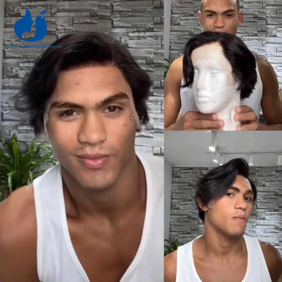 

Amethyst Side Part Men's Short Bob 13x6 Lace Front Human Hair Wig Remy Hair Straight Pre Plucked Male Hair Pixie Layered Cut