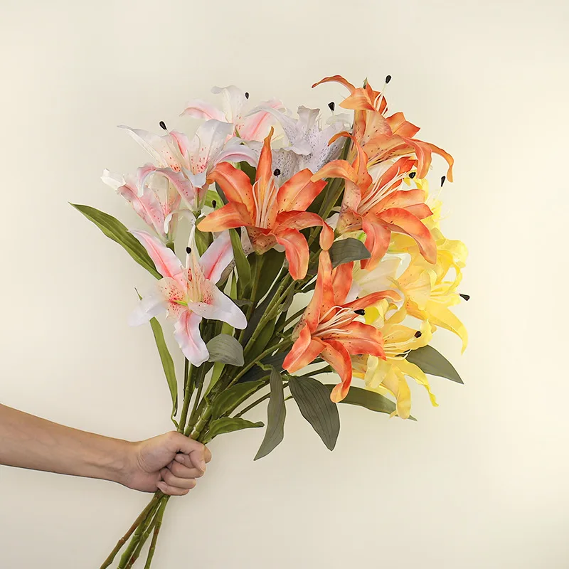 

Lily Flower branch Artificial Flowers Simulation 3 Heads Long Lily Fake Flower Bouquet for Wedding Home Hotel Restaurant Office