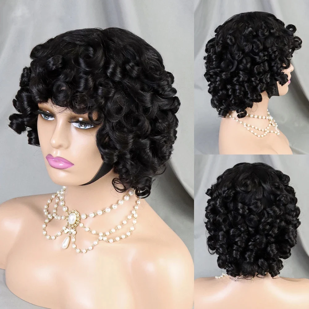 Machine Made Human hair Wigs 200% Human Hair Wig 4/30 Color Wig Bouncy Curly Short Curly Wigs with Bangs Curly Human Hair Wig