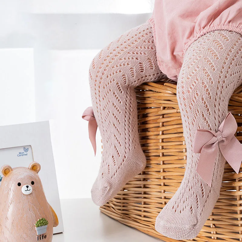 MILANCEL New Summer Baby Pantyhose 1-8T Solid Color Bow Kids Girls Leggings Thin Hollow-out Mesh Children's Tights
