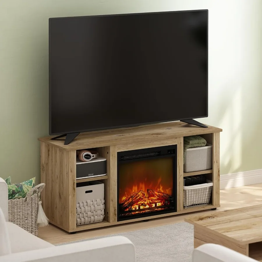 حامل تلفزيون لمركز الترفيه Furinno Jensen مع مدفأة مدمجة لديكور غرفة المعيشة يحمل أجهزة التلفاز حتى 55 بوصة من خشب البلوط