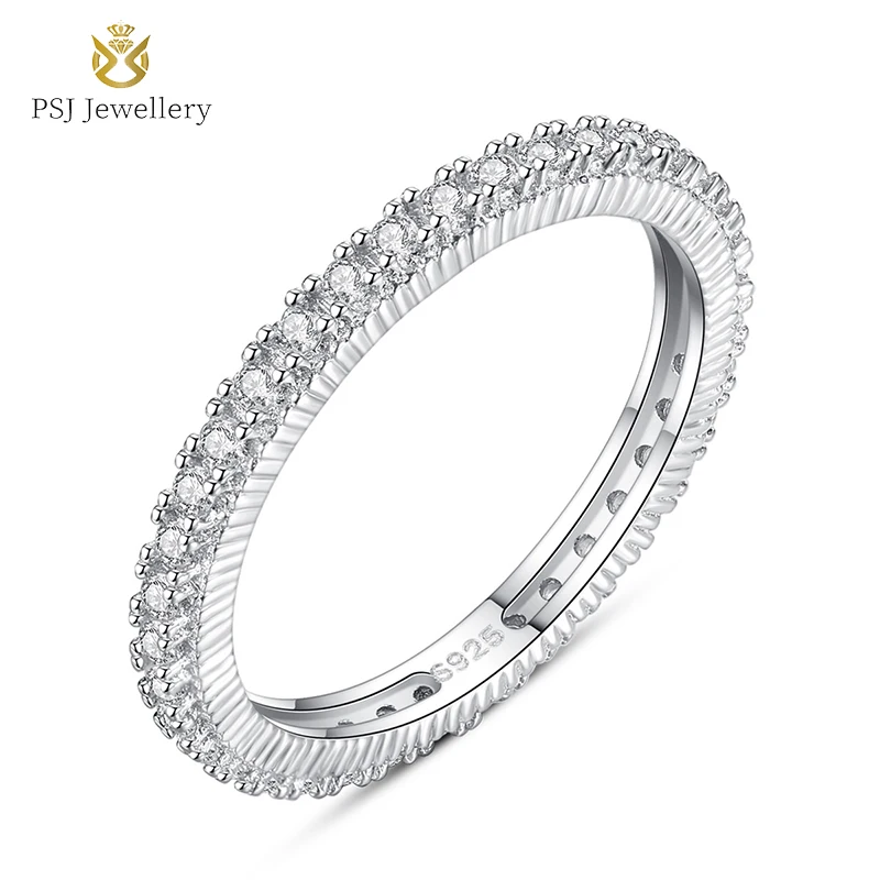 

PSJ Fashion Trendy Rhodium Plated 2mm Full Circle Cubic Zircon Inlay 925 Sterling Silver Rings for Women Wedding