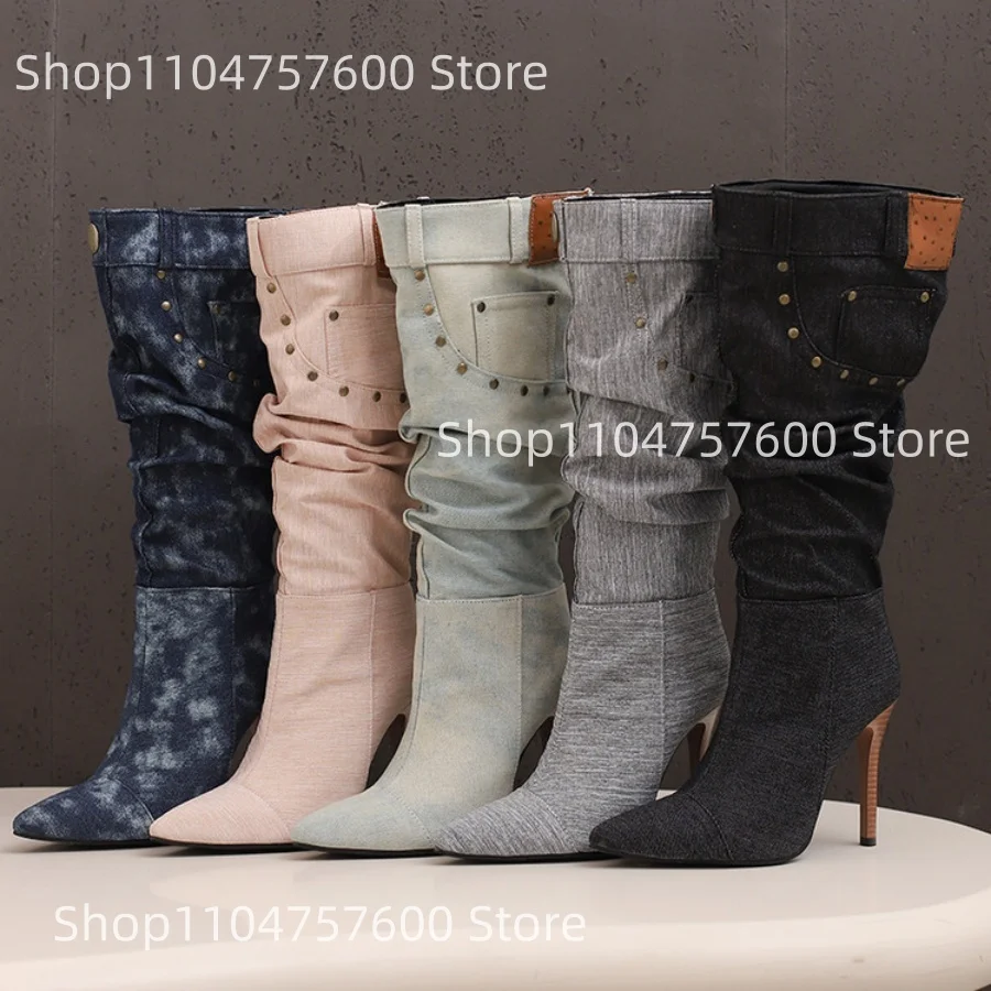 

Женские джинсовые сапоги до колена с рюшами и шпилькой, повседневные шикарные ретро-очаровательные элегантные женские уличные повседневные боты на боковой молнии
