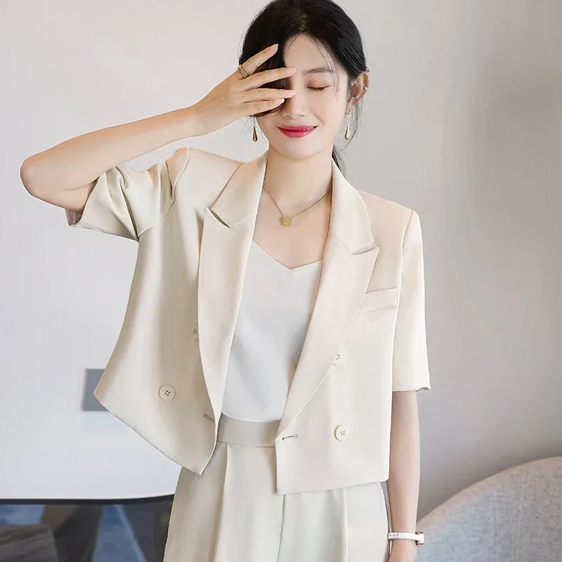 DAYIFUN Women Solid Color Sets Lapel Short Sleeve Streetwear Double Breasted Blazer and Trousers Fashion Casual Ladies Suits