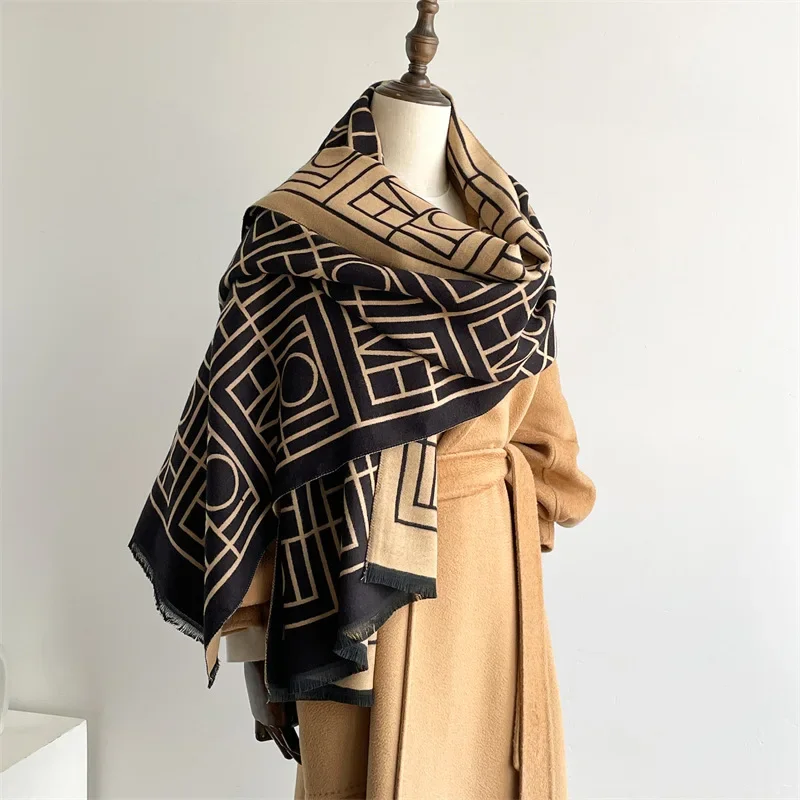 Korean version of the new geometric fashion double-sided imitation cashmere scarf, warm long scarf, high-end versatile