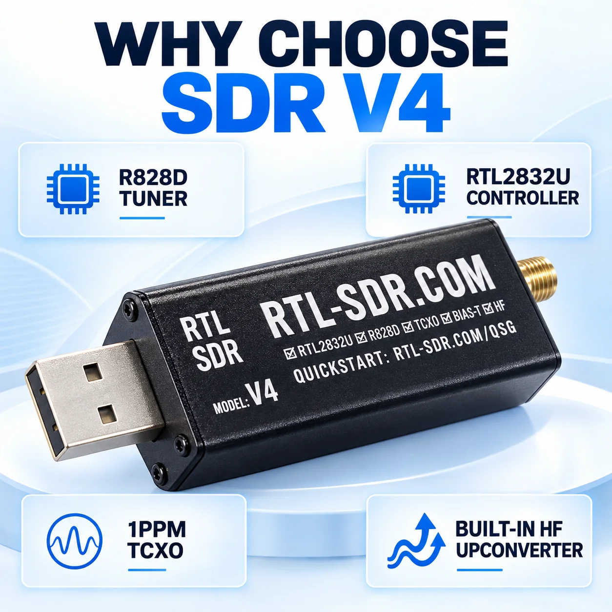 SDR V4 Software Defined Radio Receiver Kit 500kHz-1.766GHz RTL2832U R828D 1PPM TCXO with Adjustable Dipole Antenna