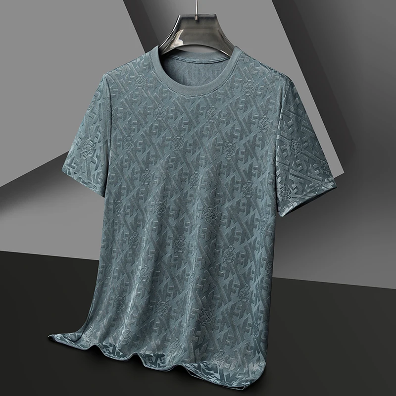 

Ice Silk Jacquard Short Sleeve T-shirt for Men 2023 Summer Business Casual Round Neck T-shirt Social Office Tee Top Men Clothing