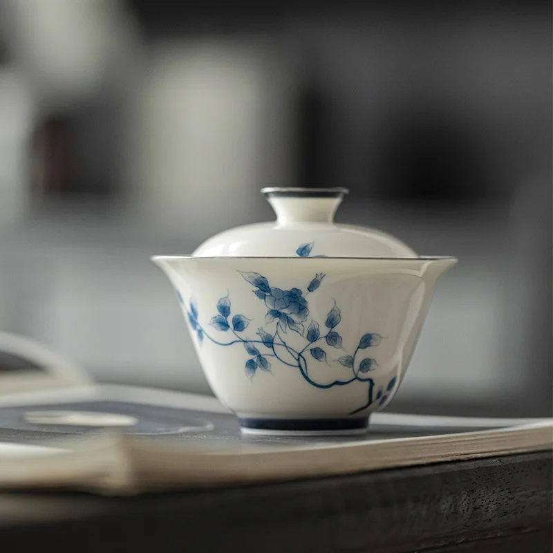 Jade Clay White Porcelain Hand-painted Blue And White Cover Bowl Kung Fu Tea Set Ceramic Literati Tea Bowl Pingzi Ya Song