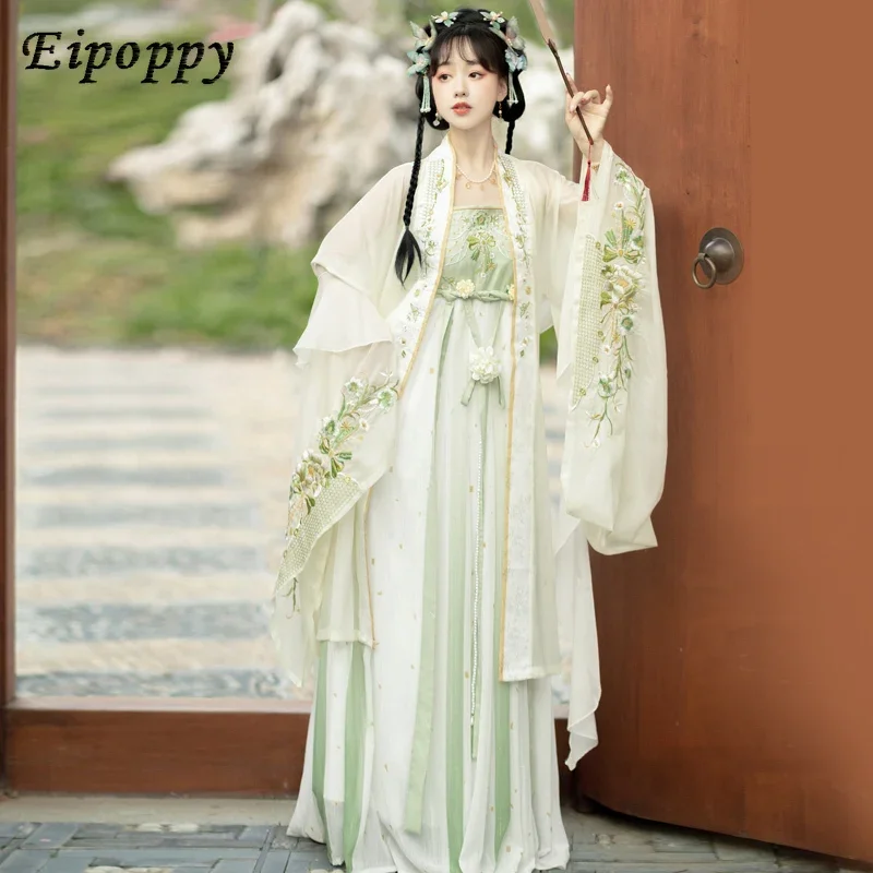 Hanfu feminino indústria pesada bordado camisa de manga grande estilo Tang saia Hezi uma peça