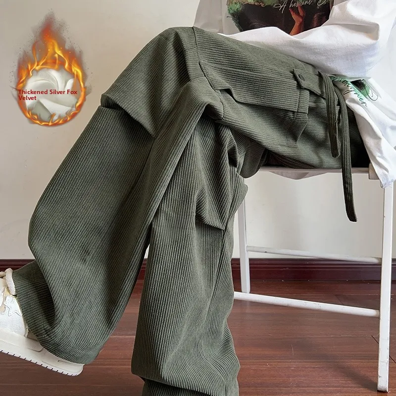

Men's Corduroy Pants Winter Thiened Fce Loose Wide Leg Straight Cut Sports Sweatpants Retro American Sle Casual Trousers