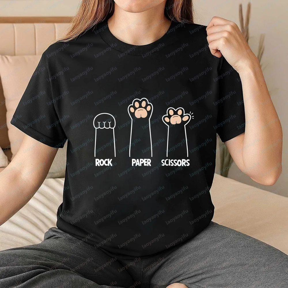 Fun Crazy Cat Paw Rock Paper Scissors Game T-shirt Men Women Vintage Print Oversized Drop Shoulder Street Tops