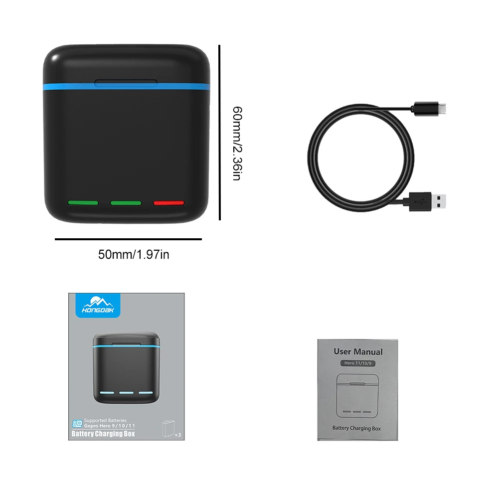 Cargador de batería de 3 canales con Cable tipo C, estación de carga de batería, 2 ranuras SD, caja de carga de almacenamiento para GoPro Hero Go Pro 8 7 6 5