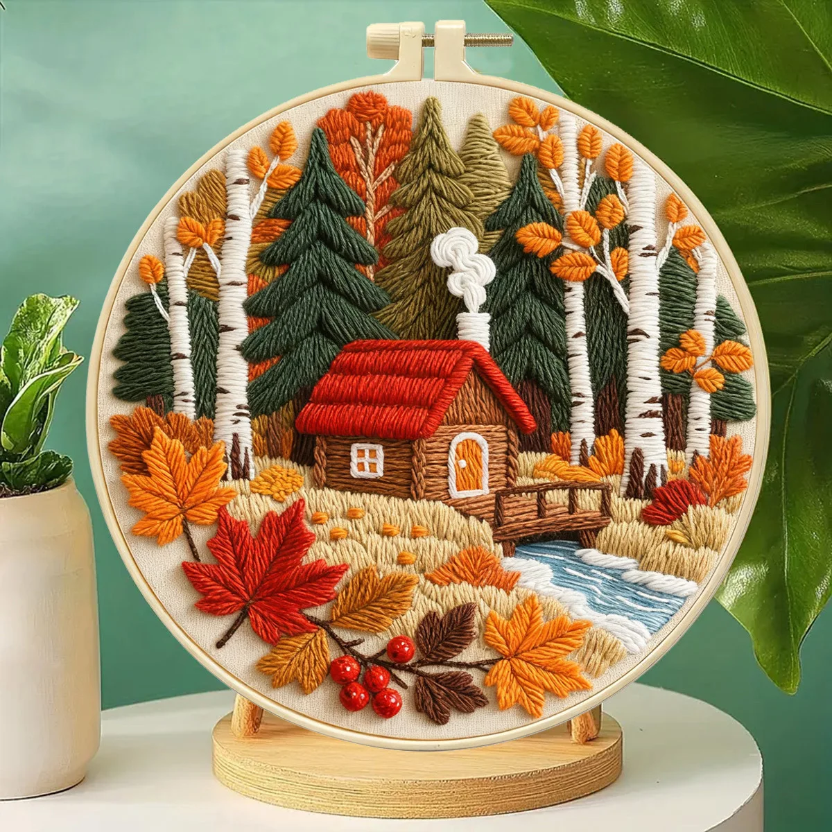 New Arrival Autumn Forest Cottage Embroidery Kit, Beginner Friendly DIY Needlework, Fall Scenery Home Wall Decor