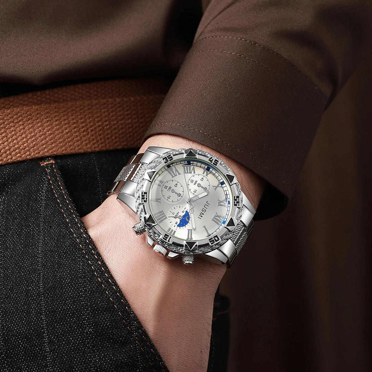 

Роскошные серебряные мужские наручные часы-хронограф с фазами Луны, циферблатом с римскими цифрами, ремешком из нержавеющей стали, кварцевые часы для бизнеса и спорта