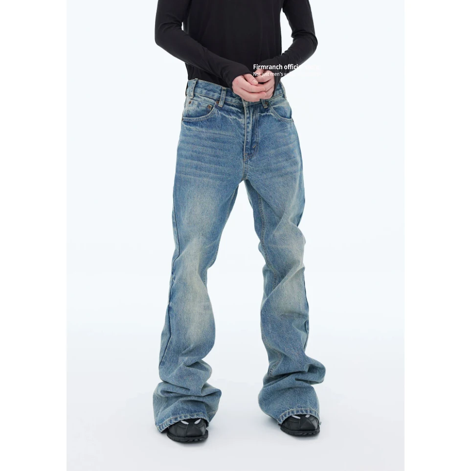Firmranch New High Street Wide-leg Trousers, Washed Bleached Ice Blue Mini Flare Jeans For Men Women Trendy Denim Pants