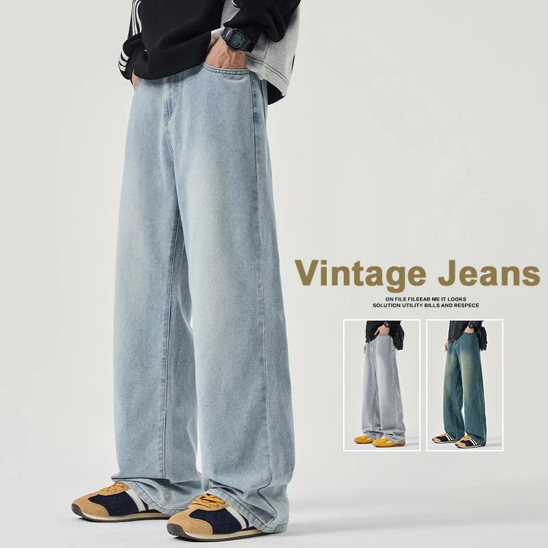 

Solid Colors Men's Jeans Casual Straight Wide-leg Long Pants Versatile Washed Retro Streetwear Trousers Brand Male Clothing