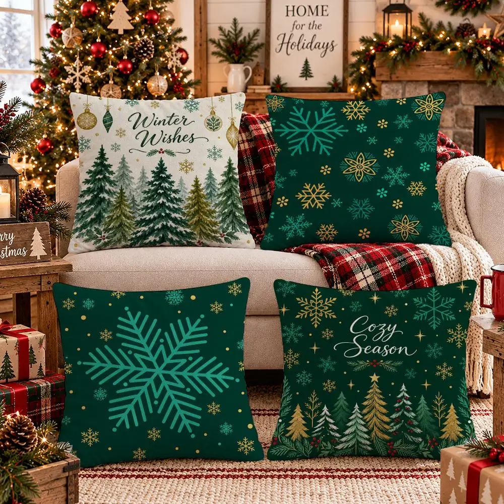 4PC Winter Pine Christmas Cushion Cover Plush Pillow Case Home Decor Sofa Double-Sided Print Living Room Festival Gift