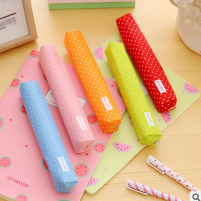 Cute Dots Pattern Pencil Bag Colorful Canvas Dots Pens Organizer Bag Zipper Pencil Case Pen Holder Pouch Portable