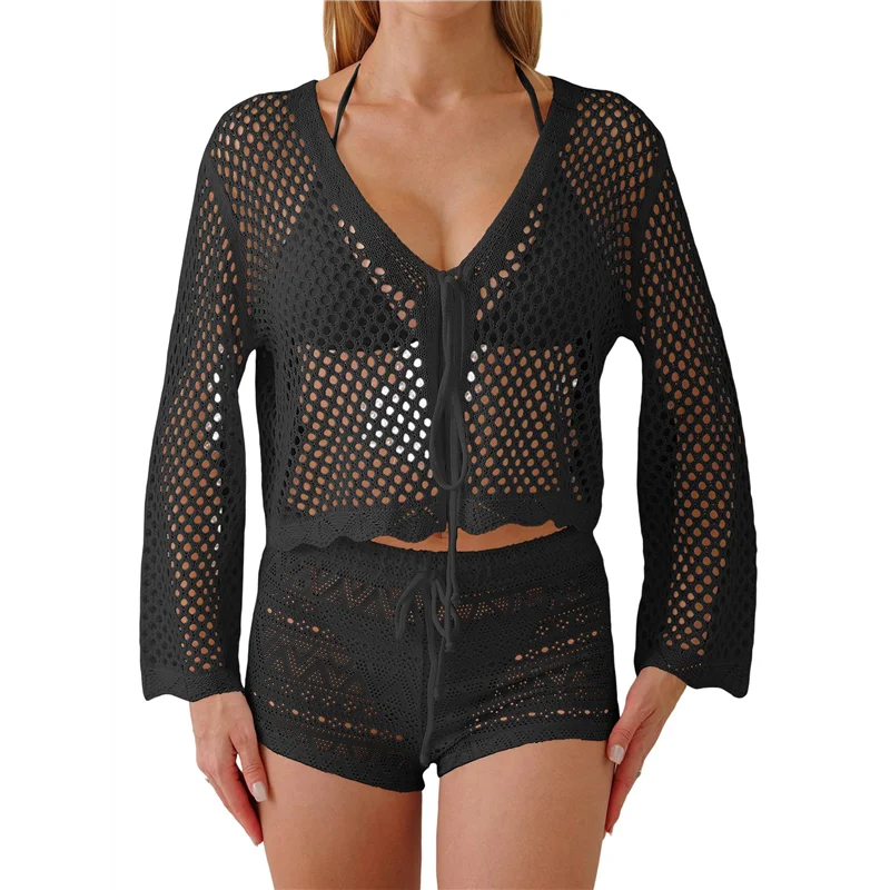 

ABRT-Womens Hollowout Crop Summer Solid Color Long Sleeves Lace Up Beach Casual Cover Up Shawl Blouse Top