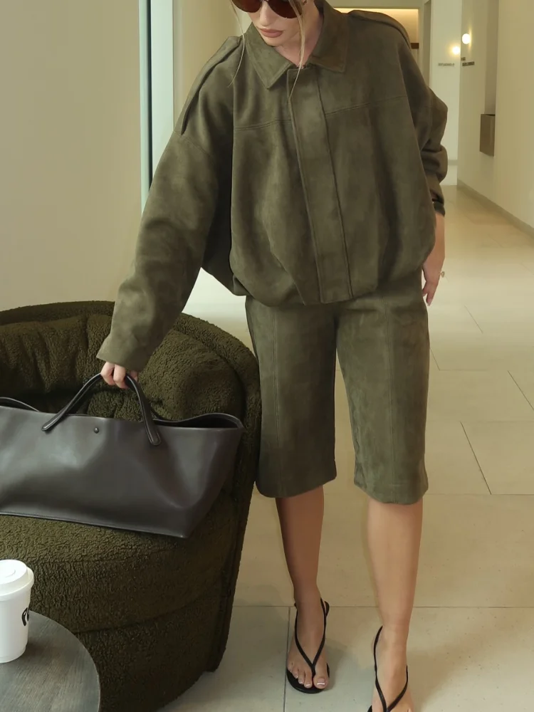 Women's Suede Jacket Cargo Coat Lapel Green Retro Short Top Pilot Leather Jackets Loose Casual Street Trendy Outwear Work Pants