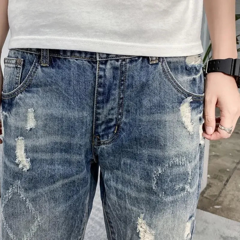 Celana Pendek Denim Pria Lurus Longgar Longgar Setengah Robek Celana Jeans Pendek Pria Panjang Lebar Bermuda dengan Saku Y2k Fashion Populer Xl