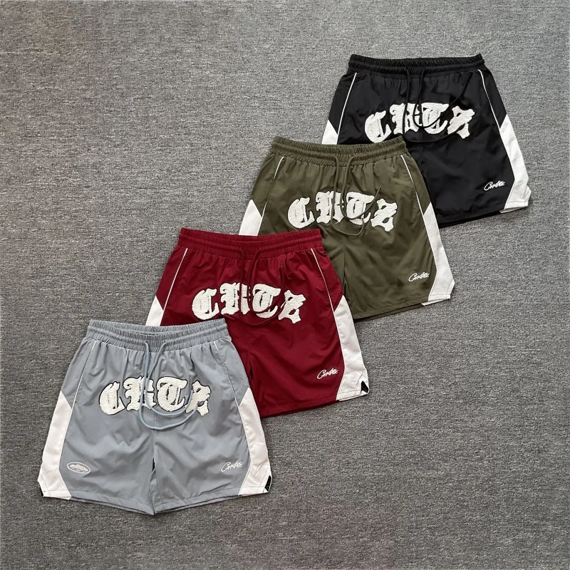 

American High Street Summer Embroidered Color Blo Retro Baskeall Nylon Beach orts Loose Straight Leg Polyester Fiber Qu...