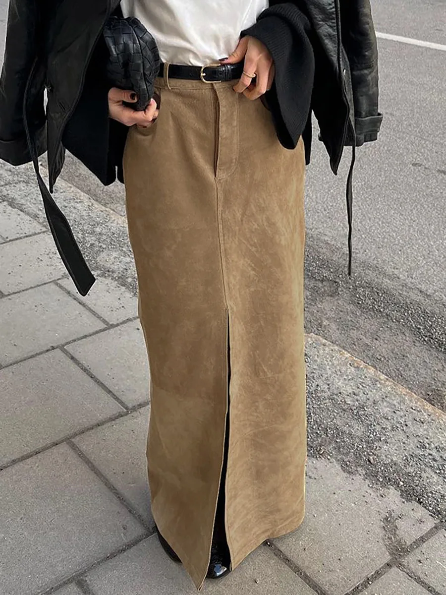 

Autumn Winter Vintage Suede Skirt Commuting Split Straight high Waisted Long Dress Women's Fashion Soild Color Office Skirts