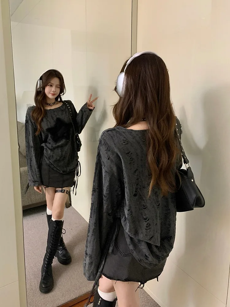 Y2k hoodies feminino gola inclinada sexy fora do ombro estrela de cinco pontas impresso casual manga longa outono nicho high street vintage