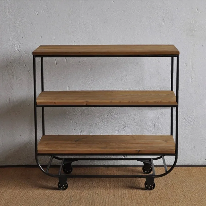 Kitchen storage side cabinet wrought iron multi-functional solid wood retro small dining car loft industrial style wine trolley
