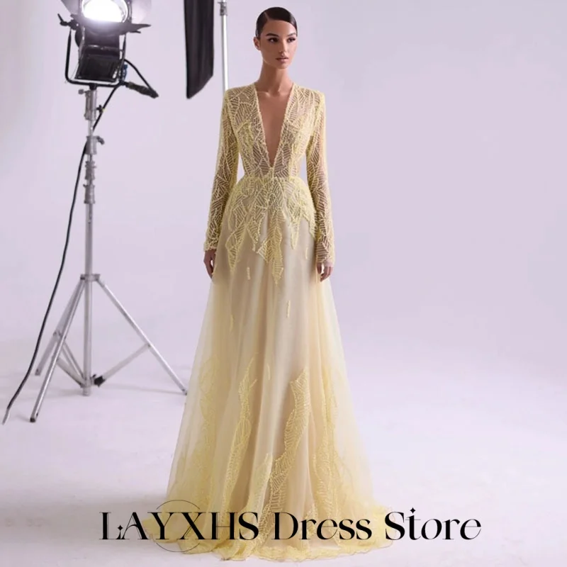 LAYXHS mode jaune robes de soirée formelles col en v manches longues a-ligne plissée robes de bal personnalisé فساتmaveraات