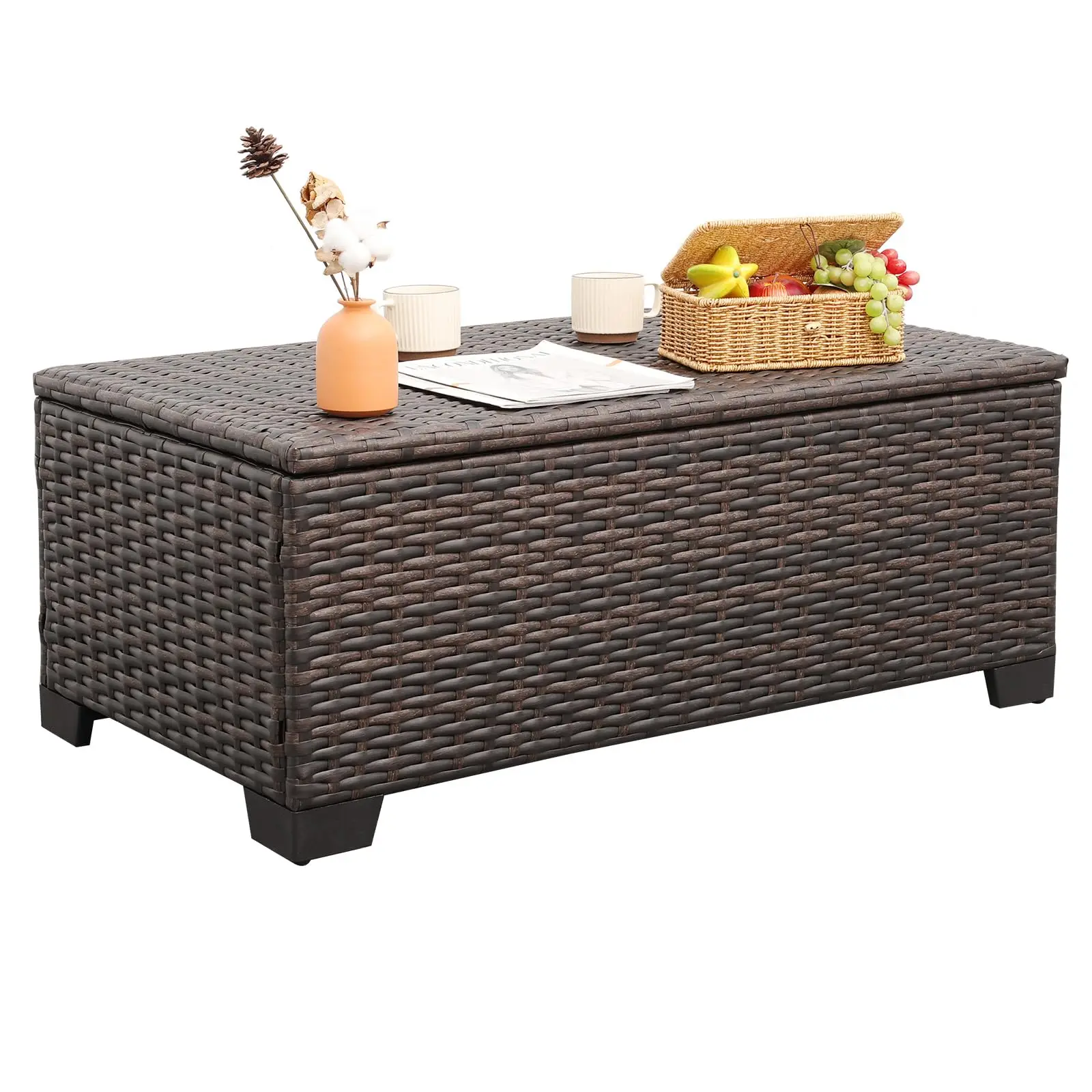 Outdoor Table Patio Furniture All-Weather Patio Table Wicker Coffee Table with Storage and Furniture Cover, k