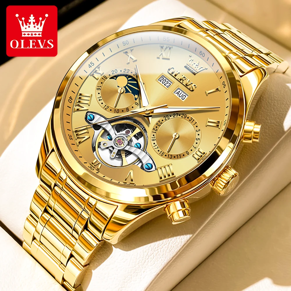 

OLEVS 7005 Classic Business Mechanical Wristwatch for Man Skeleton Flywheel 24 Hour Moon Phase Calendar Luxury Men's Watch
