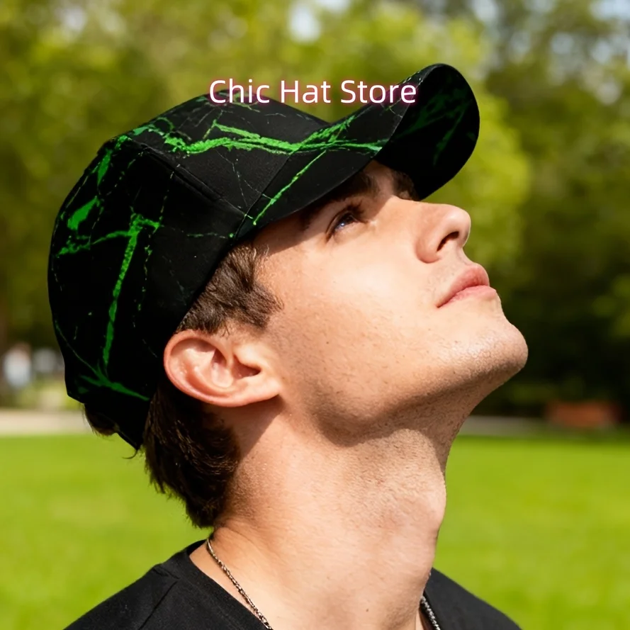 1pc, Neon Crack Pattern Baseball Cap, Electric Green Marble Print, Unisex, Fashion Accessory, Outdoor Style, Adjustable Fit,, Br