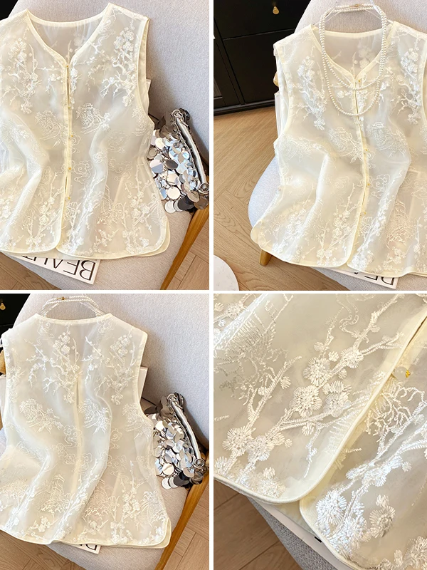 새로운 중국 스타일 자수 꽃 조끼 여성 여름 야외 고급 경량 럭셔리 민소매 탑 출퇴근 스타일