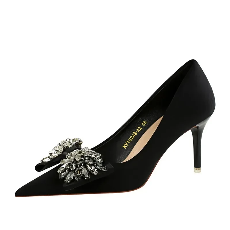 مضخات حرير من إصبع القدم مدبب للنساء ، عقدة فراشة ، رقيقة ، غطاء كعب ، أحذية فستان ، الزفاف ، الربيع والخريف ، كعب