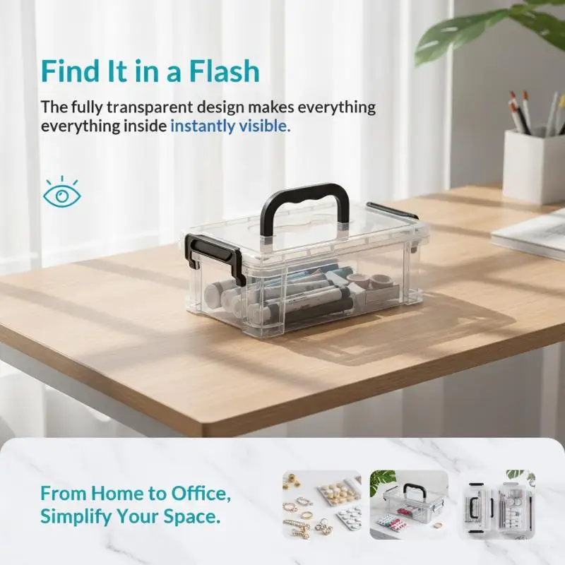 Clear Plastic Storage Boxes With Portable Handle Non Slip Bottom For Home Office Craft Storage
